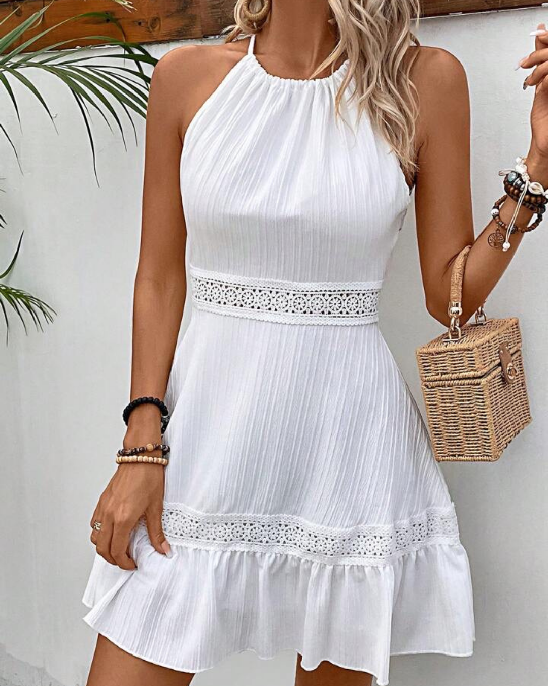 White Lace Halter Mini Dress